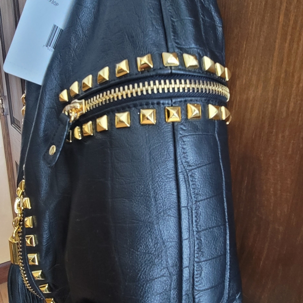 Betsey Johnson Large Hobo Croc To It Black and Gold Studded Women's Bag - Picture 7 of 12